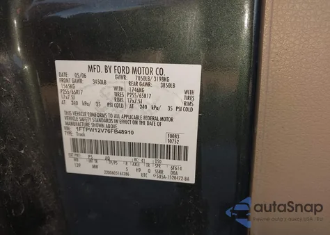 2006 Ford F-150 Lariat/Xlt z USA, uszkodzony, nr VIN 1FTPW12V76FB48910